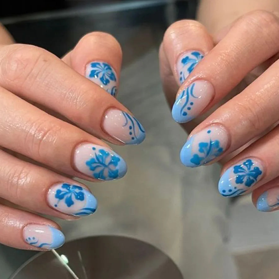 24Pcs White Flower Short Almond Press-on Nails Set Glossy Acrylic Full Cover Blue French Fake Nails Arts For Women and Girls