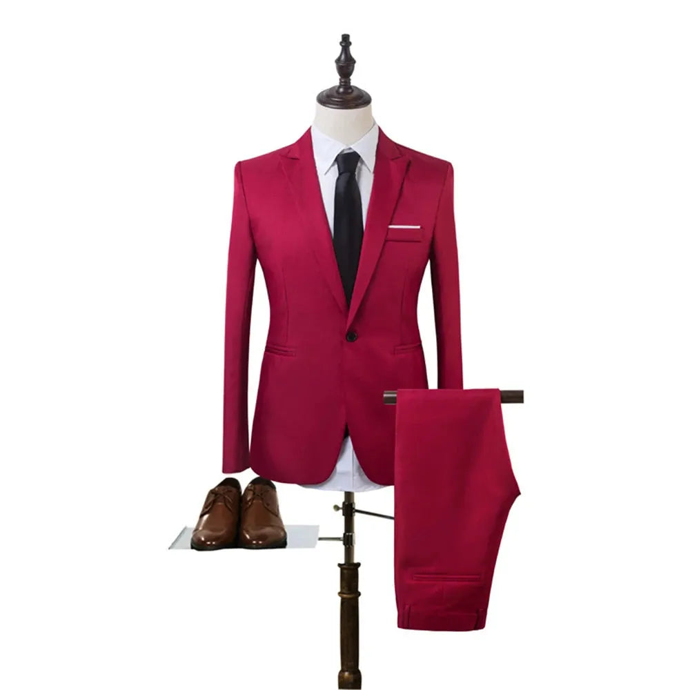 Men's Suits Formal Blazers Jacket Coat Pants Slim Business Suit Tuxedos Party Weddings Trousers Male Fashion Groom Tuxedos Suits Red