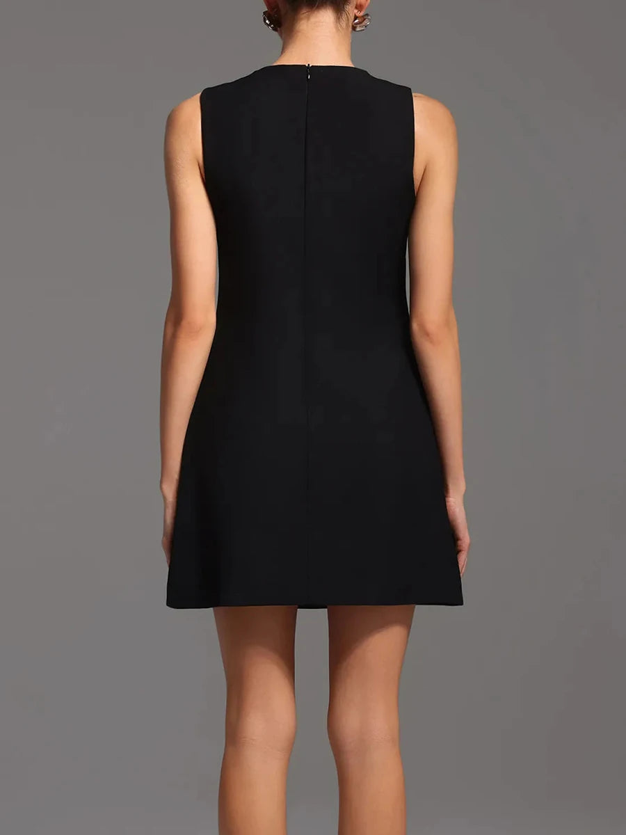 TWOTWINSTYLE Solid Slimming Spliced Bead Luxurious Mini Dresses for Women Round Neck Sleeveless Temperament Dress Female Fashion