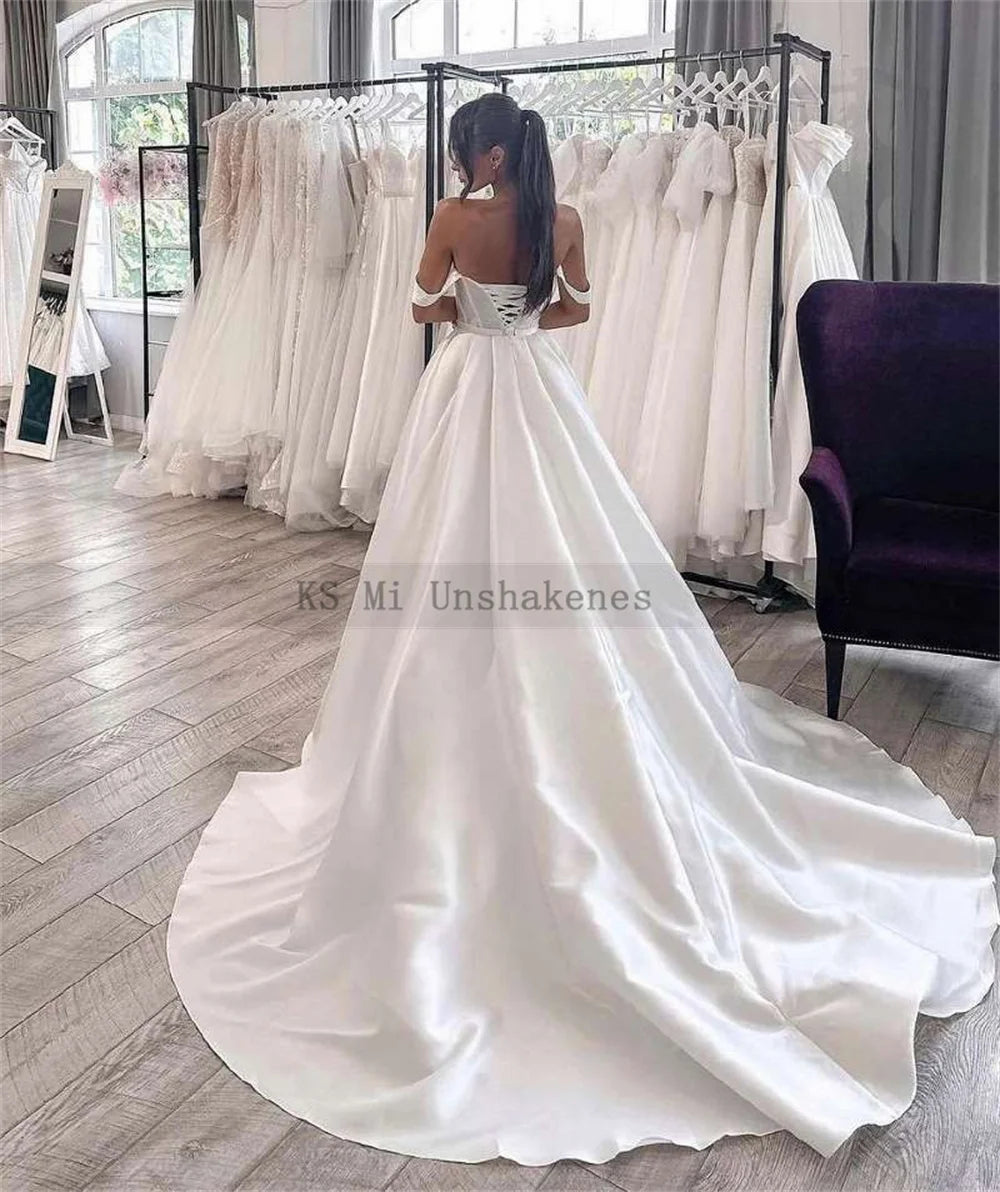 Elegant Plus Size White Satin Wedding Dresses Cap Sleeve Corset Bride Dress Vestido de Noiva Split Side Wedding Gowns Big Train