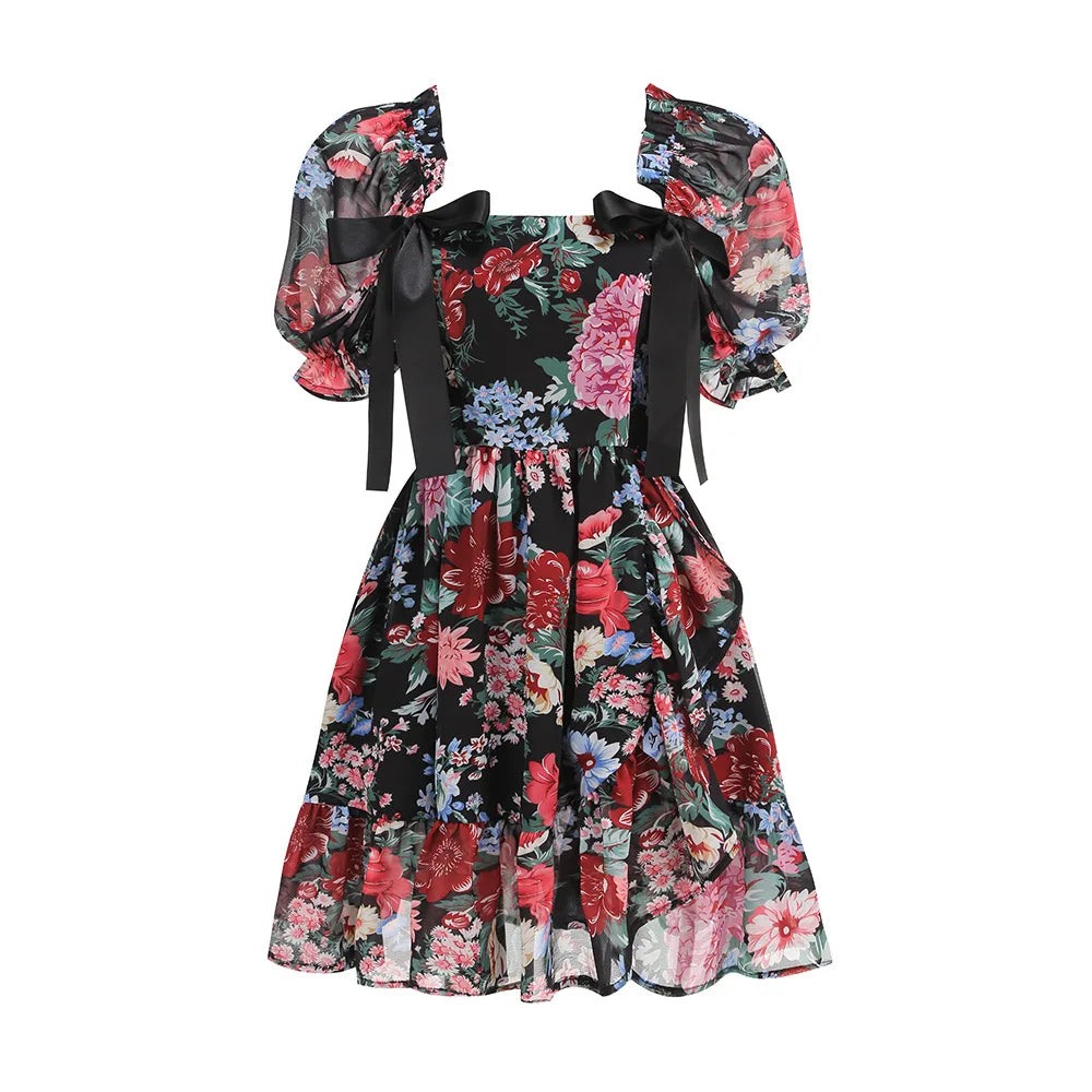 2025  Women Short Sleeve Square Collar Ball Gown Mini Dress Print Color Celebrate Girls's Vacation Celebrate Birthday Outfit