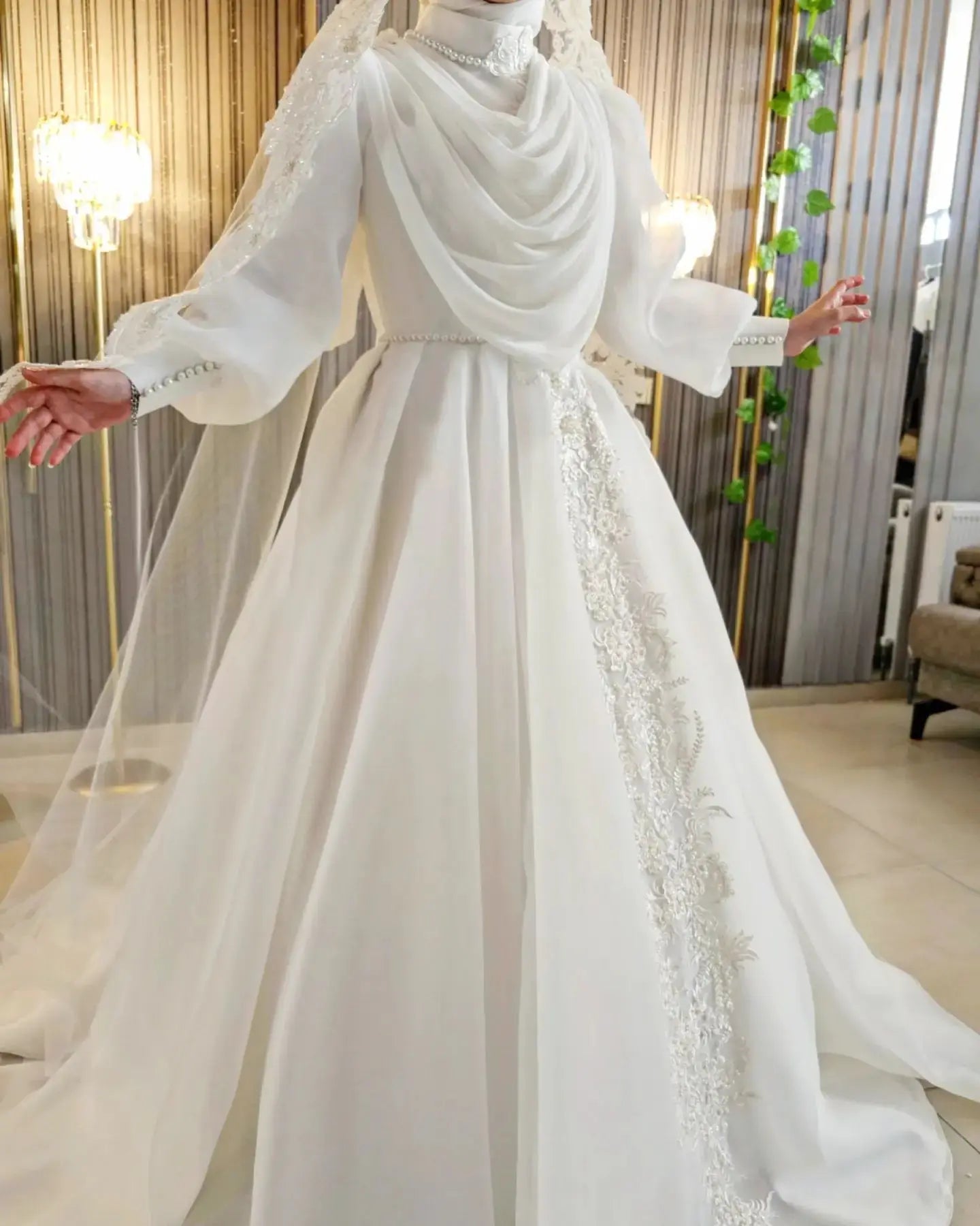 Robe De Mariée princesse musulmane, manches longues, col haut, ligne a, dentelle perlée