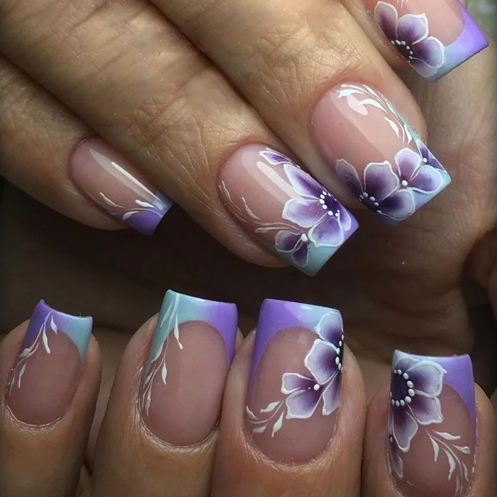 Short Square False Nail with Colorful Flower Rhinestone Design Simple French Fake Nail Fashion Wearable Press on Nails Art 24Pcs