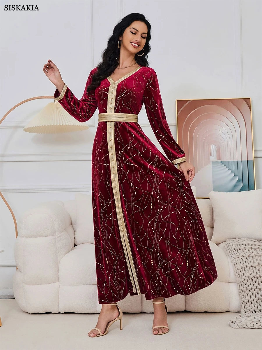 Velvet Autumn Winter Gold Stamping Fashion Red Evening Gown Elegant Long Sleeve V-Neck Abaya With Sashes Muslim Women
