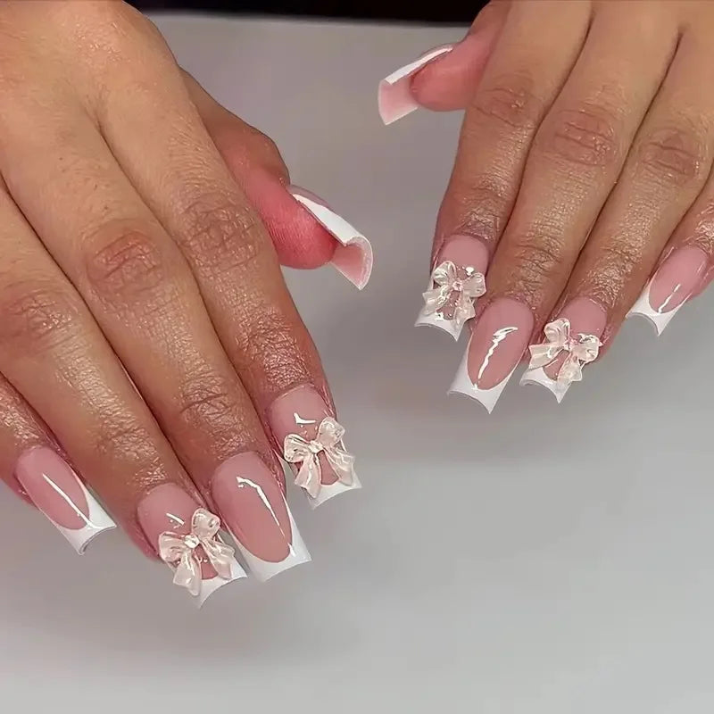 Black French Tips Press on Nails 3D White Bowknot Alloy Stars Designs Fake Nails Ballet Charms False Nails Korean Manicure 24Pcs