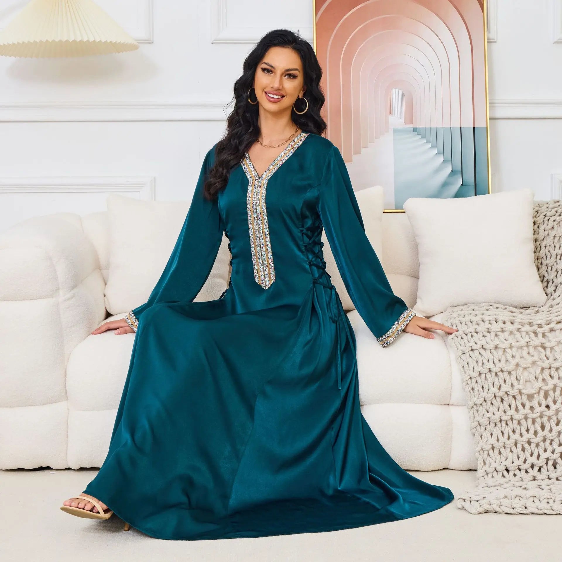 Abaya für Frauen Ramadan Gurban 2023 Neues muslimisches Robe Abaya Frauenstil Diamond Tunika Kleid V-Ausschnitt Dubai Langärmel Abaya