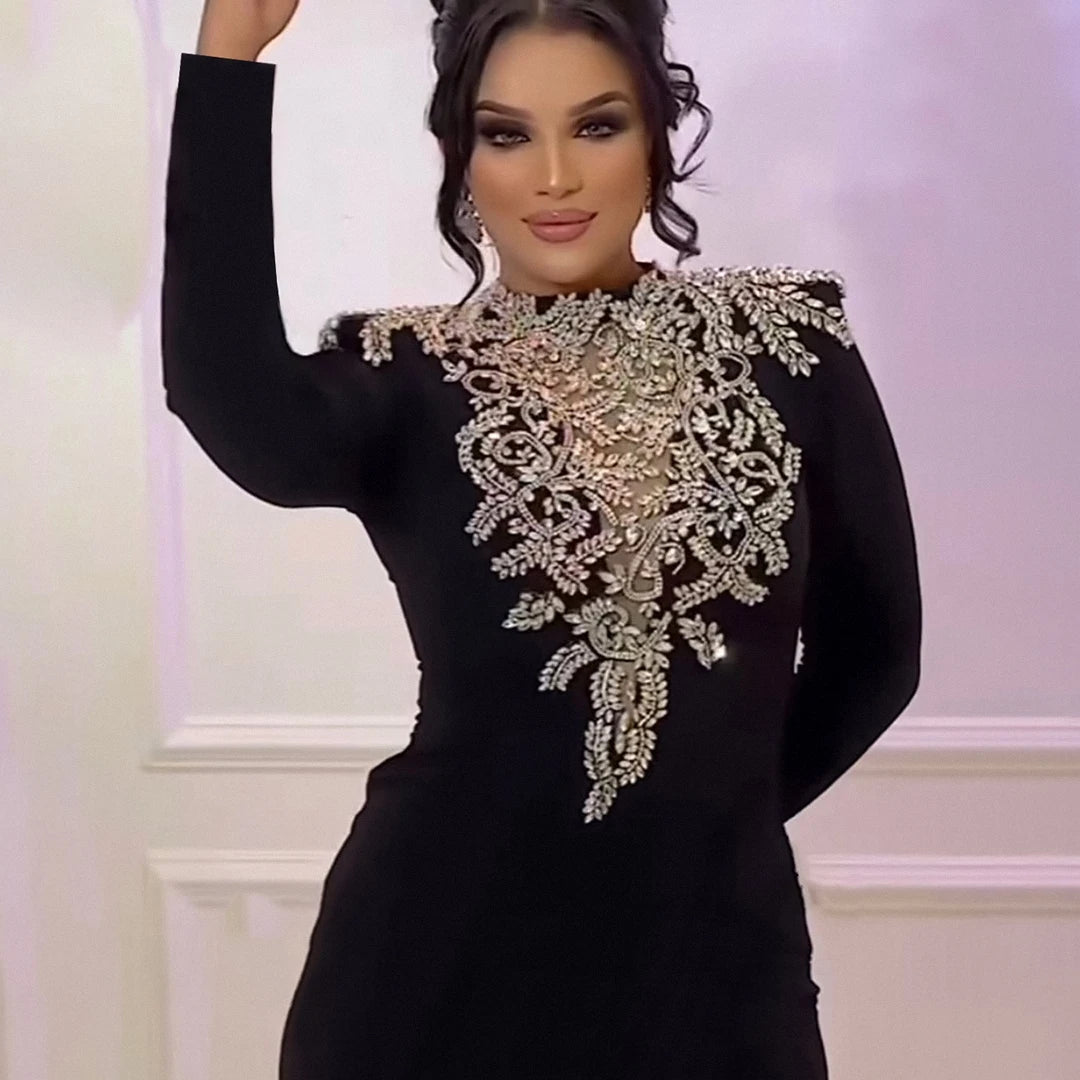 Top Quality Sparkly Crystal Women Long Sleeve Sexy O-Neck Bodycon Long Bandage Dress Celebrate Elegant Evening Party Outfit