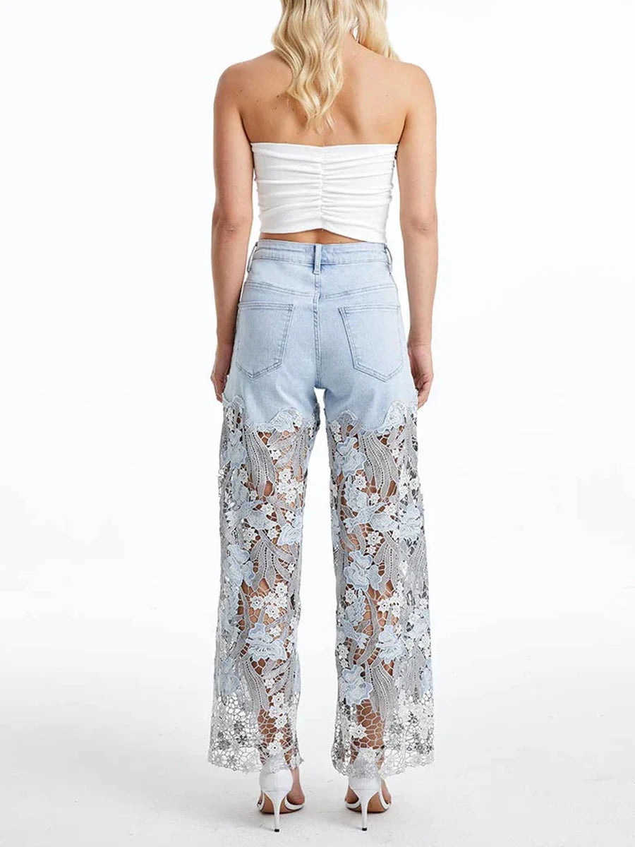 TWOTWINSTYLE Solid Loose Spliced Hollow Out Fashion Jeans for Women High Waist Patchwork Applique Wide Leg Pants Female Clothing