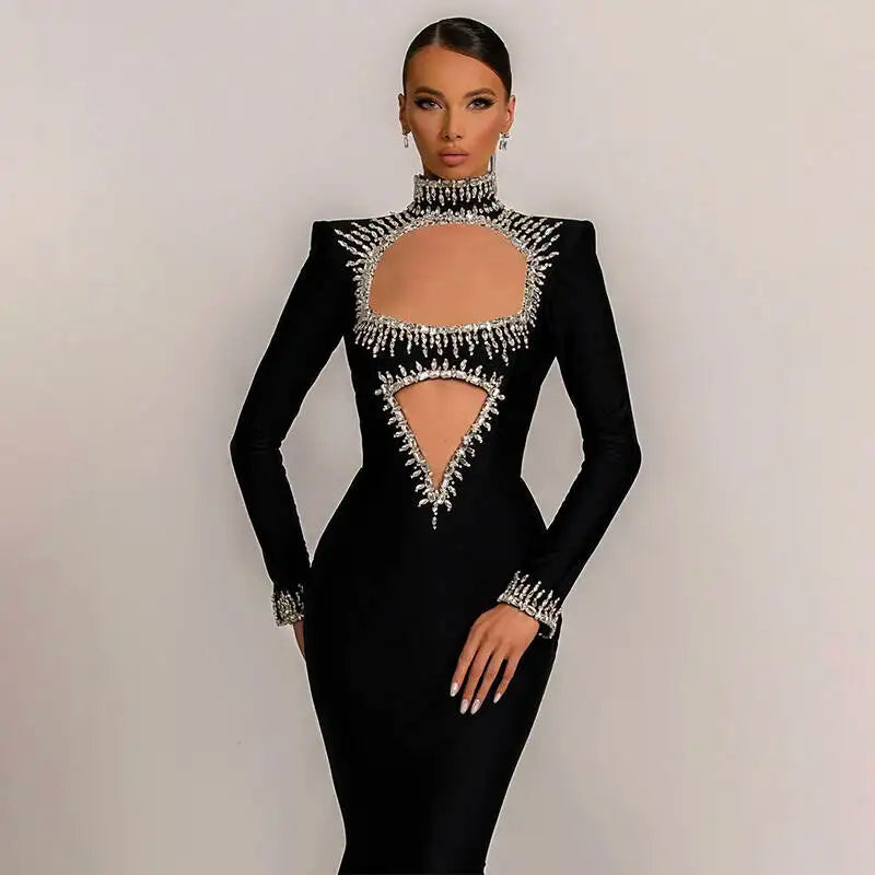 New Winter Style Women Long Sleeve Sexy Mesh Sparkly Crystal Bodycon Long Bandage Dress Fashion Celebrate Evening Party Dress