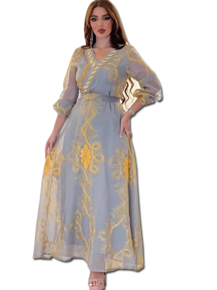 Costumes arabes pour femmes, mode Chic, maille brodée, manches longues, col en v, vêtements ceinturés, robe de soirée élégante pour femmes musulmanes