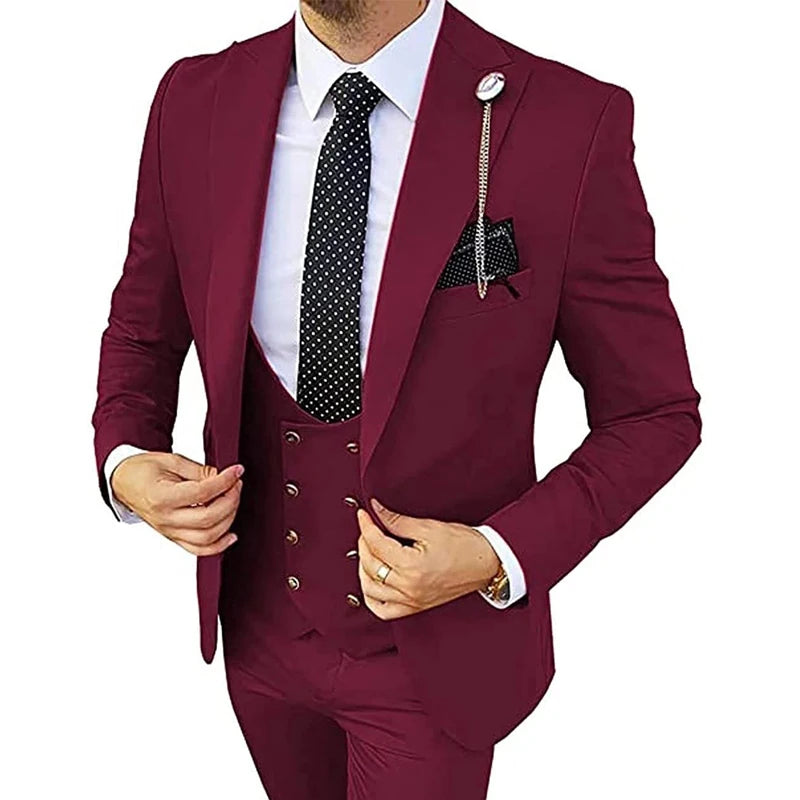 Slim Fit Formal Men Suits for Business 3 Piece Wedding Groom Tuxedo Male Fashion Jacket Pants with Double Breasted Vest 2022 Burgundy