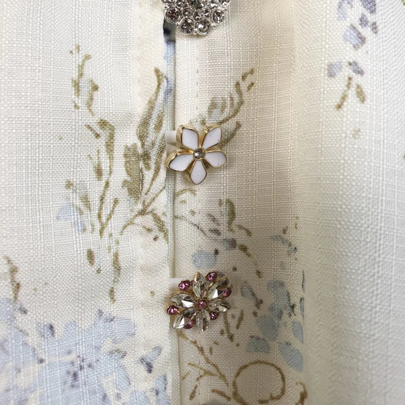 Shot In Stock 2025 Spring Summer New Printed Single-Breasted Exquisite Flower Button Short A-Line Dress + Belt