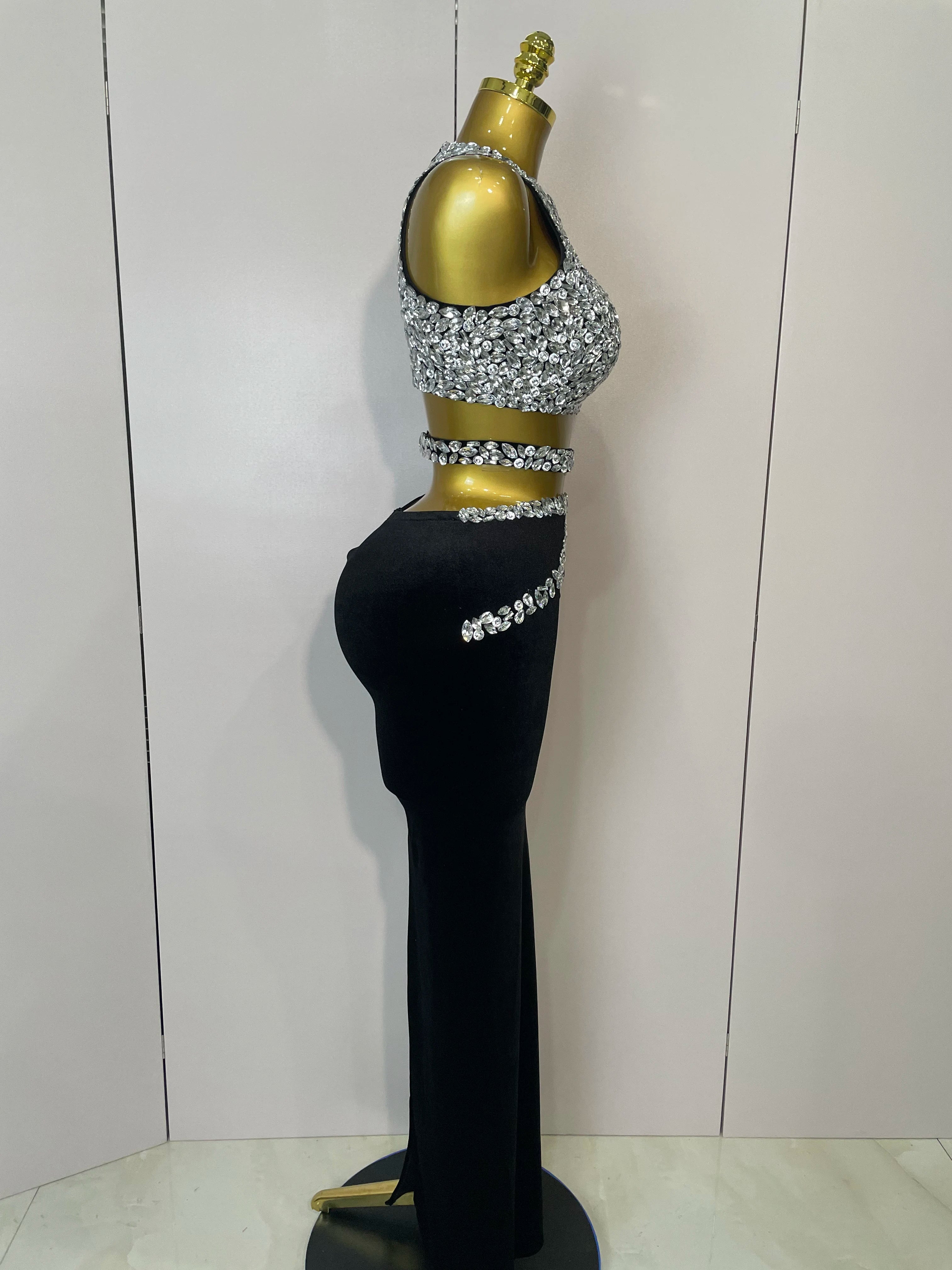 STOCK 2025 Women Sparkly Rhinestone Two-piece Set Sexy Velvet Singer Nightclub Outfit Celebrate Birthday Elegant Party Dresses