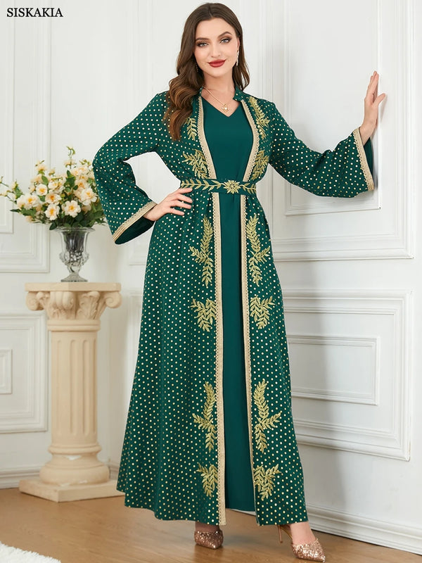 Eid Abaya For Women 2023 Spring Leaf Embroidery Lace Tape Belted Kaftan Polka Dot Print Front Open Abayas 2pcs Musilim Set Dress