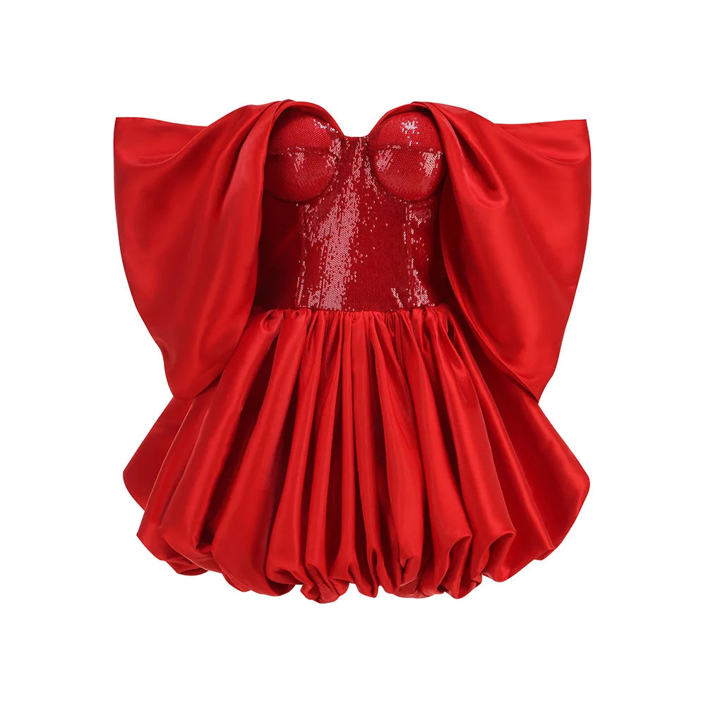 High Quality Red Shinning Sequins Women Strapless Sexy Ball Gown Mini Dress Christmas Birthday Party Celebrate Dress