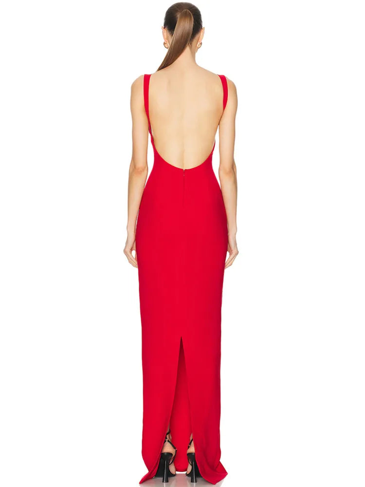 Women Sexy V Neck Backless Red Maxi Long Summer Celebrity Bodycon Bandage Dress 2025 Elegant Evening Club Party Dress