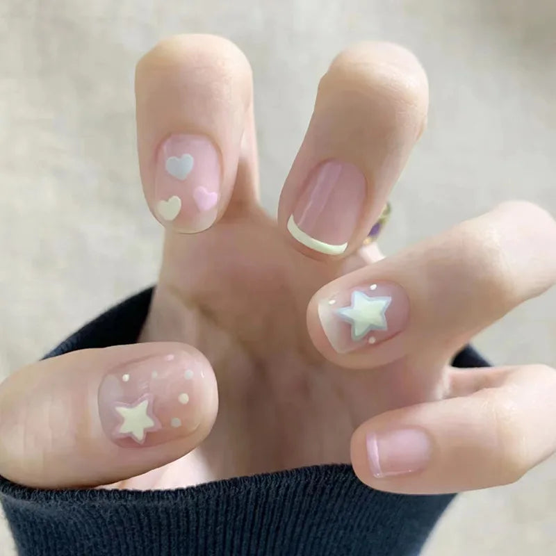 Y2K Fake Nails Nude Color Press on Nails Gradient Pink Star Designs Artificial Fingernail Tips Women Girls DIY False Nails 24Pcs