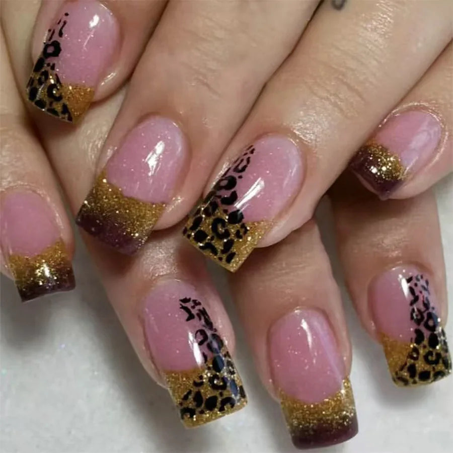 24Pcs Short Square Press on Fake Nails with French Stripe Pink Glitter Nail Set Art Finished Wearable Full Cover False Nail Tips