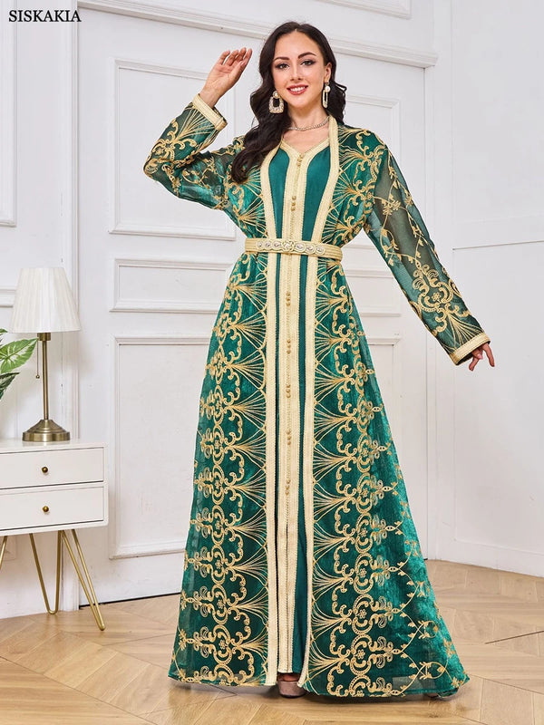 Moroccan Abaya Woman Muslim Dubai Luxury Mesh Belt Embroidery Kaftans 2 Piece Suit Islamic Long Dresses