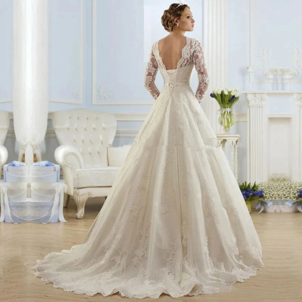 New Long Sleeves Lace Wedding Dress Elegant Tulle Appliques Bridal Gowns Simple Sweep Train O-Neck A Line Vestidos De Novia