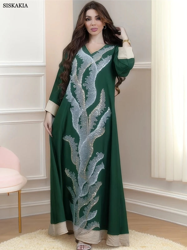 Galabia Saudi Party Sequins Belted Dress Moroccan Dubai Turkish Abayas Long Sleeve V-Neck Turkish Kaftan Islam Clothing