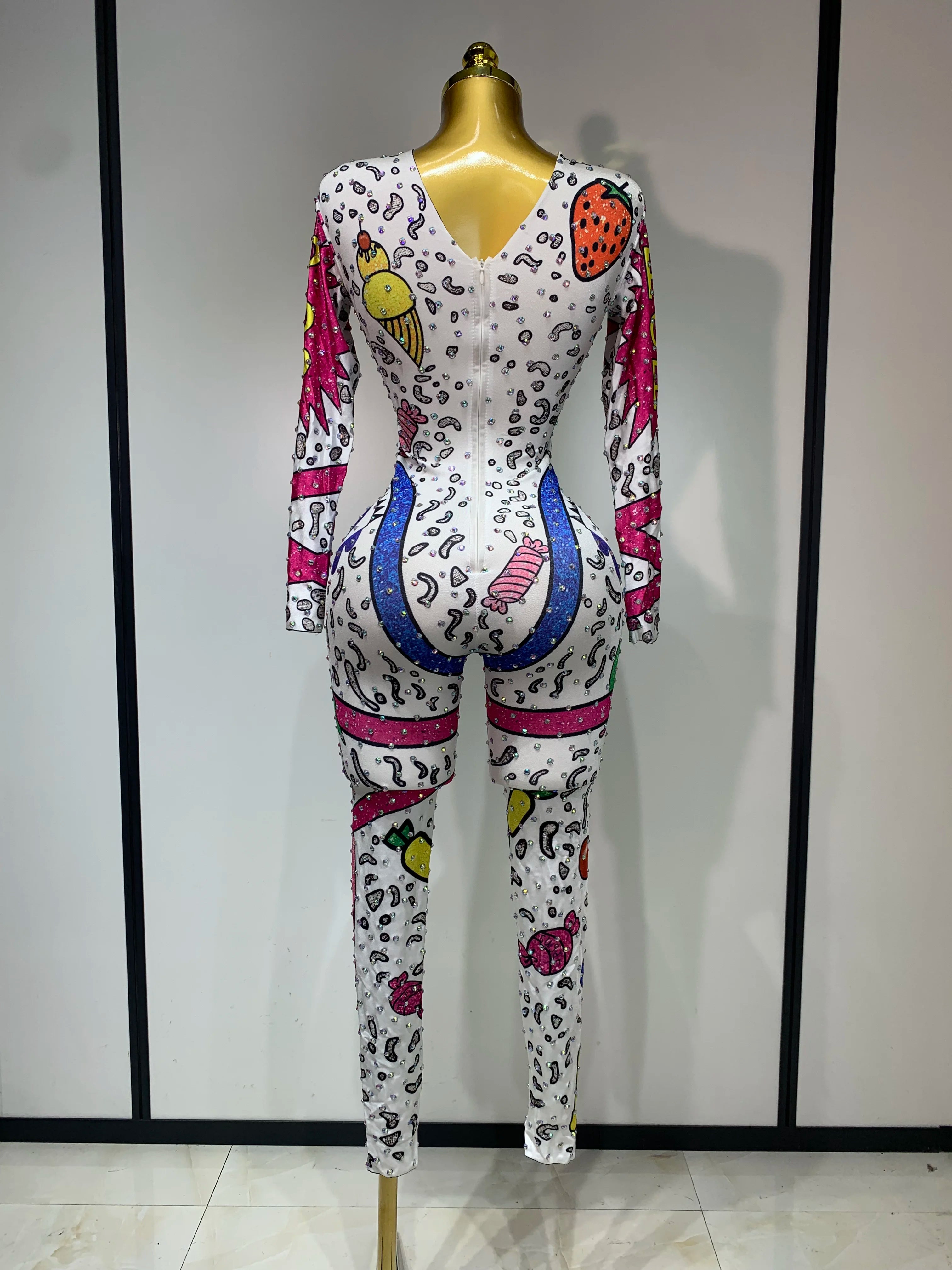 Sparkly Colorful Balloon Cartoon Stretch Sexy Dance Stage Jumpsuit Birthday Party Shiny Rhinestone Performance Club Stage Outfit