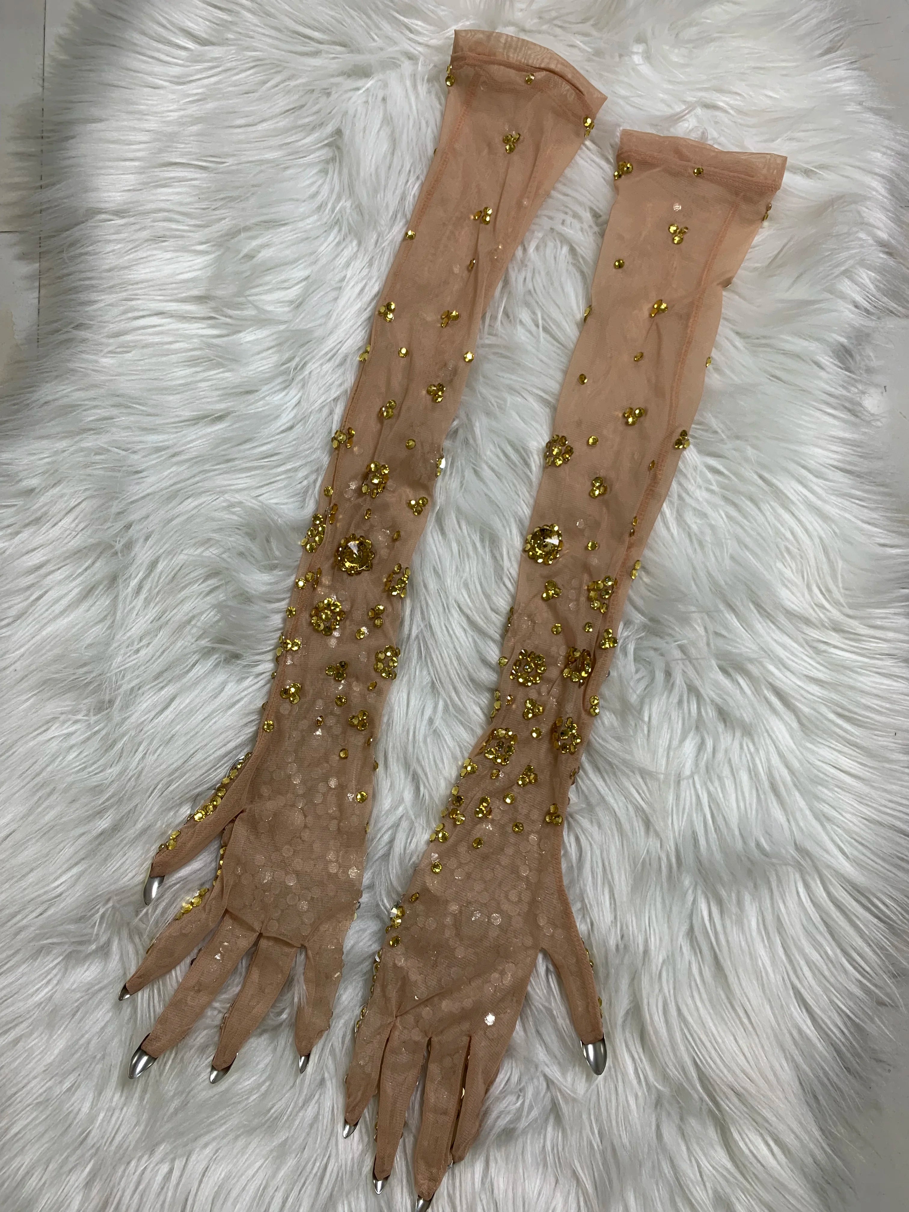 Women Sexy Luxury Gold Rhinestones Mesh Long Gloves Dancer Singer Nightclub Stage Party Show Accessories Sparkly Decoration