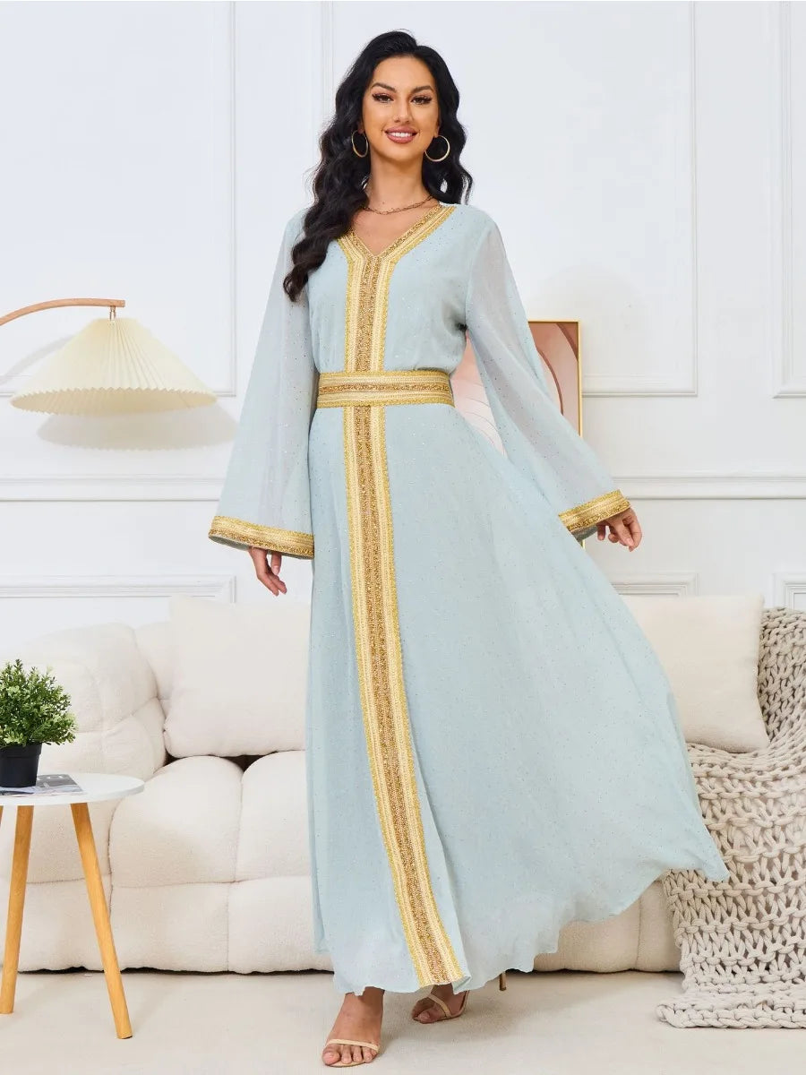 Fashion Dubai Solid Gold Stamping Diamonds Dress With Sashes Long Sleeve V-Neck Casual Abaya Moroccan African Clothing