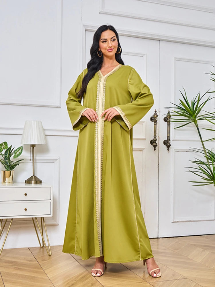 Dubai Abaya Solid Tape Trim Full Sleeve V-Neck Belted Clothing Elegant Casual Muslim Long Modest Dresses Women