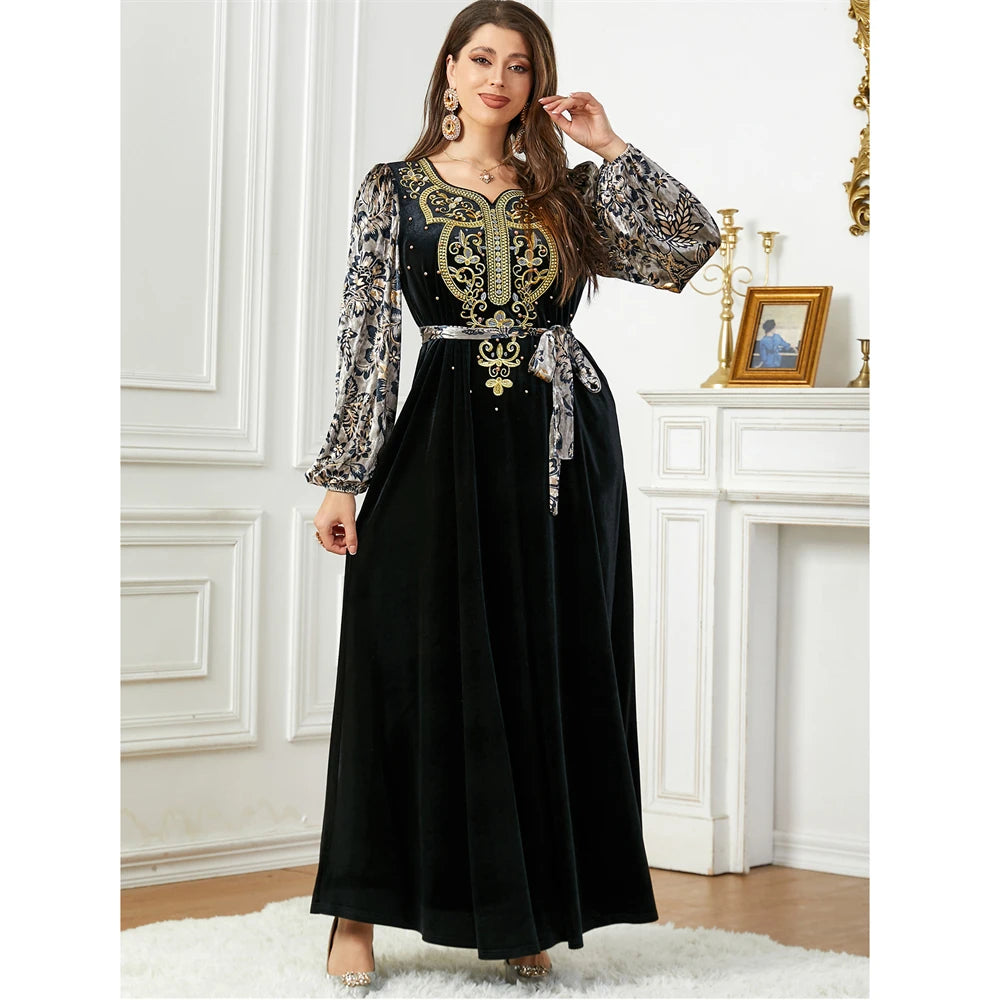 Velvet Embroidery Abaya for Fashion Women Muslim Winter Warm Long Maxi Dress Kaftan Turkey Arabic Kaftan Dubai Vestidos Moroccan 142-1Black