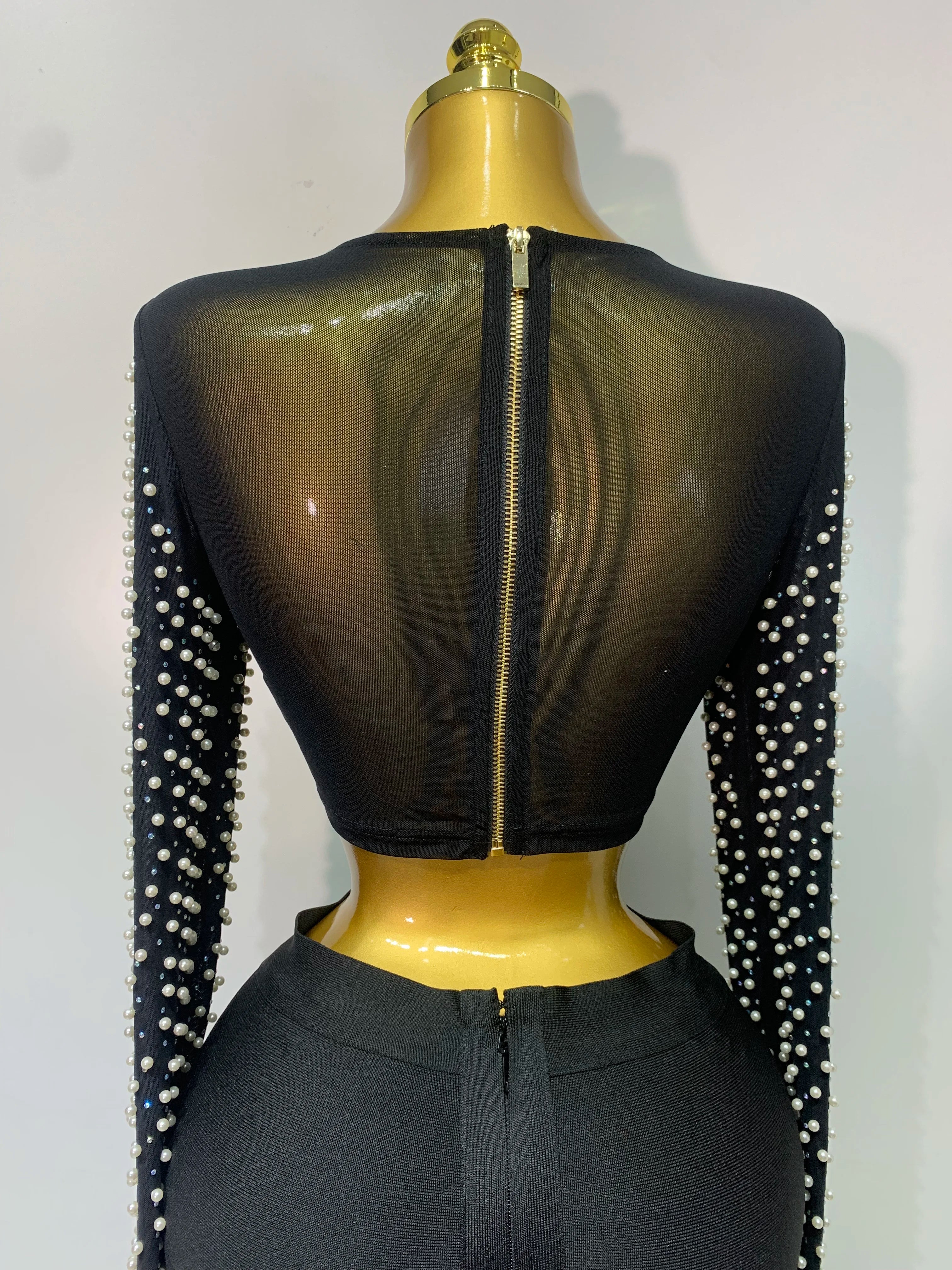 Women Sexy Long Sleeve Mesh Pearl Black Top Celebrity Midi Women Bandage Set 2025 Designer Evening Party Birthday Two Piece Set
