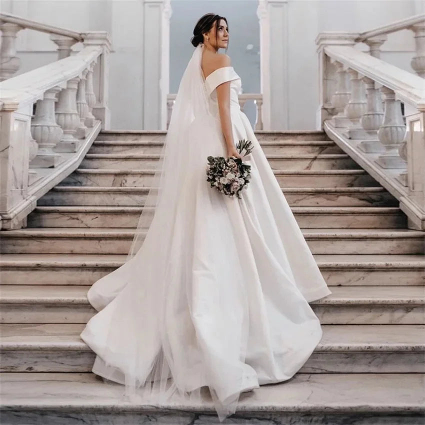 Off The Shoulder Backless Vestido De Noiva Wedding Dress A-Line Satin Pearls Sashes Floor Lengt Customize Robe De Mariee Elegant