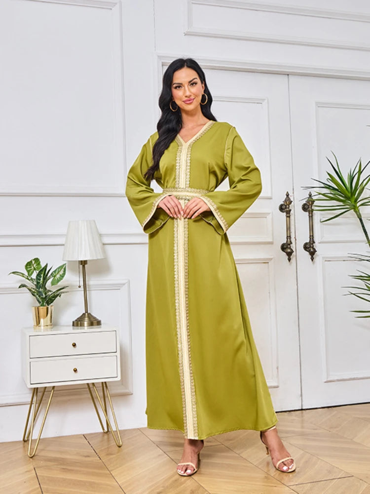 Dubai Abaya Solid Tape Trim Full Sleeve V-Neck Belted Clothing Elegant Casual Muslim Long Modest Dresses Women