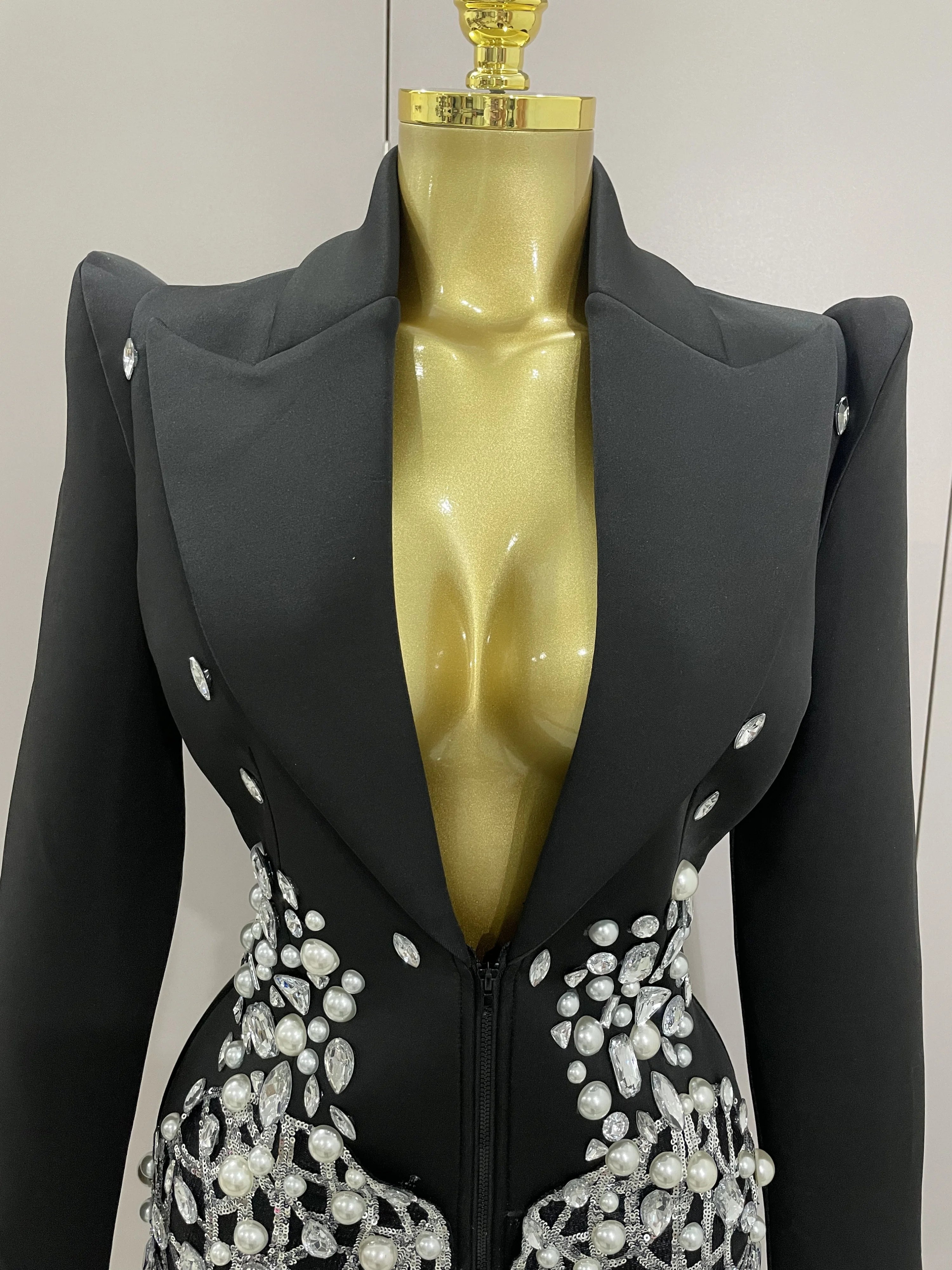 2025 Sparkly Crystal Chains Pearls Long Sleeve Mini Dress Women Birthday Evening Party Nightclub Outfit Singer Wedding Costume