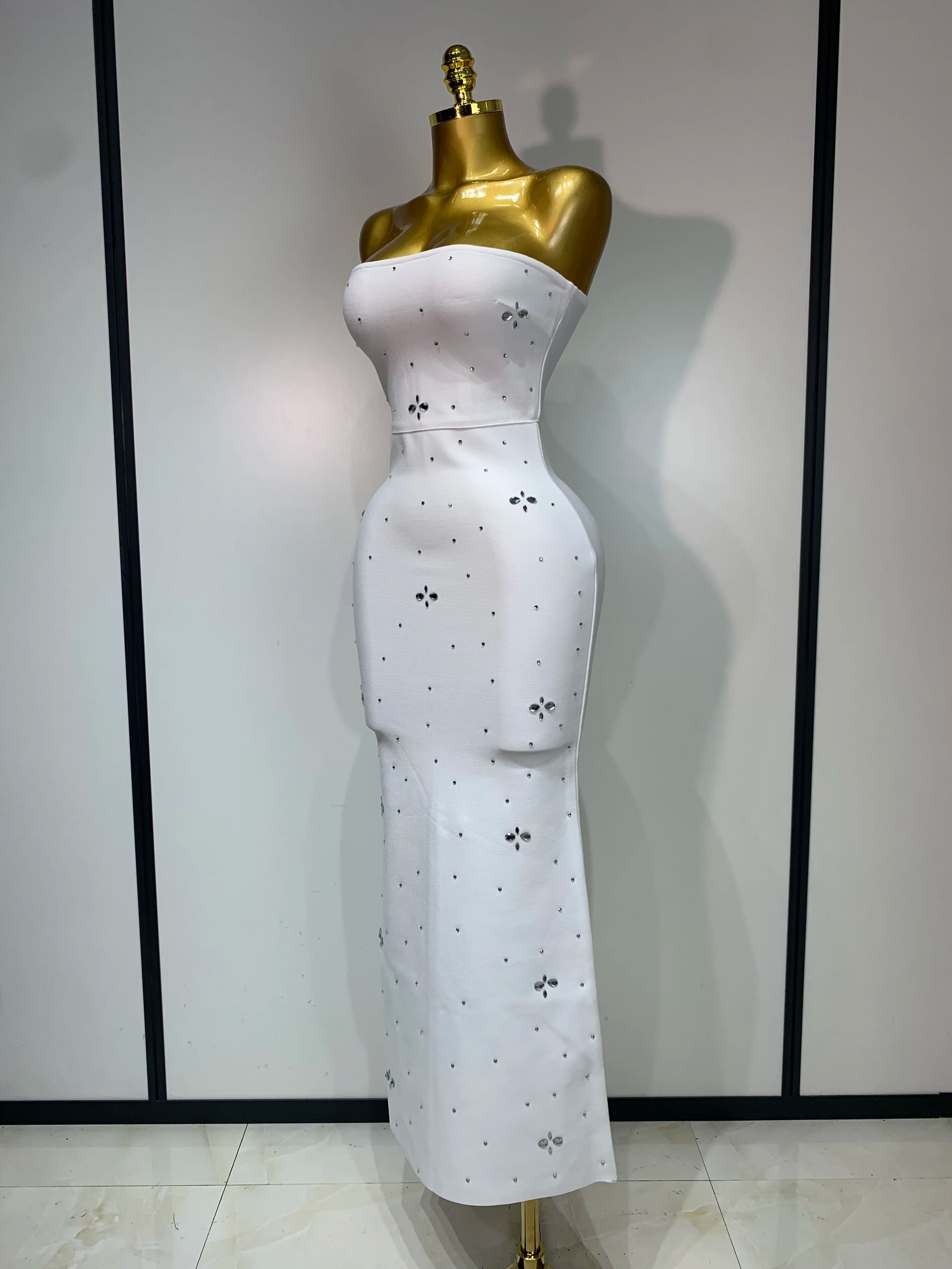 Luxury Rhinestone Sexy Strapless Backless Long Bodycon Bandage Dress 2025  White Elegant Evening Party Birthday Club Dress