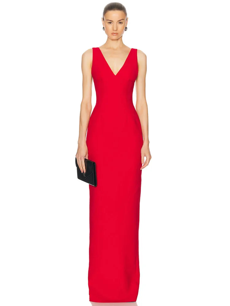 Women Sexy V Neck Backless Red Maxi Long Summer Celebrity Bodycon Bandage Dress 2025 Elegant Evening Club Party Dress