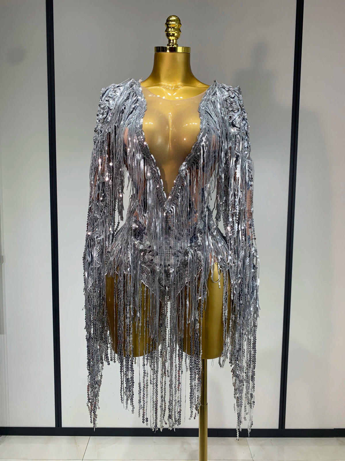 Sparkly Sequin Tassels Long Sleeve Silver Bodysuit Bar Women Singer Show Costume Celebrate Outfit Evening Dance Stage Outfit