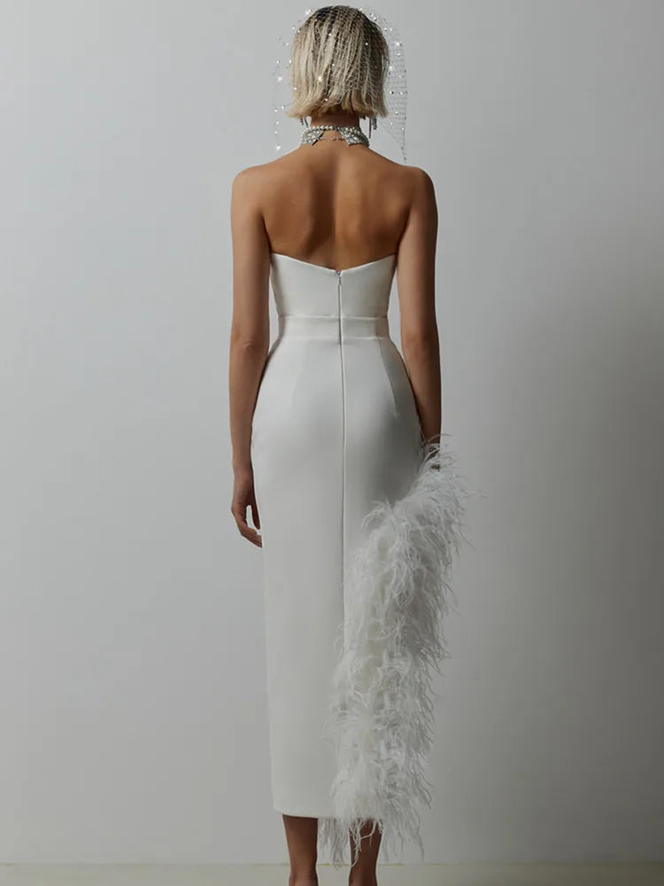 Women Spring Sexy Strapless Backless Black White Pink Feather Midi Bandage Dress 2023 Knitted Elegant Evening Club Party Dress