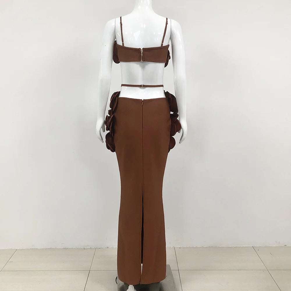 TWOTWINSTYLE Solid High Street Two Piece Set For Women Bustier Tops Patchwork Zipper Midi Skirts Appliques Sets Female Style New