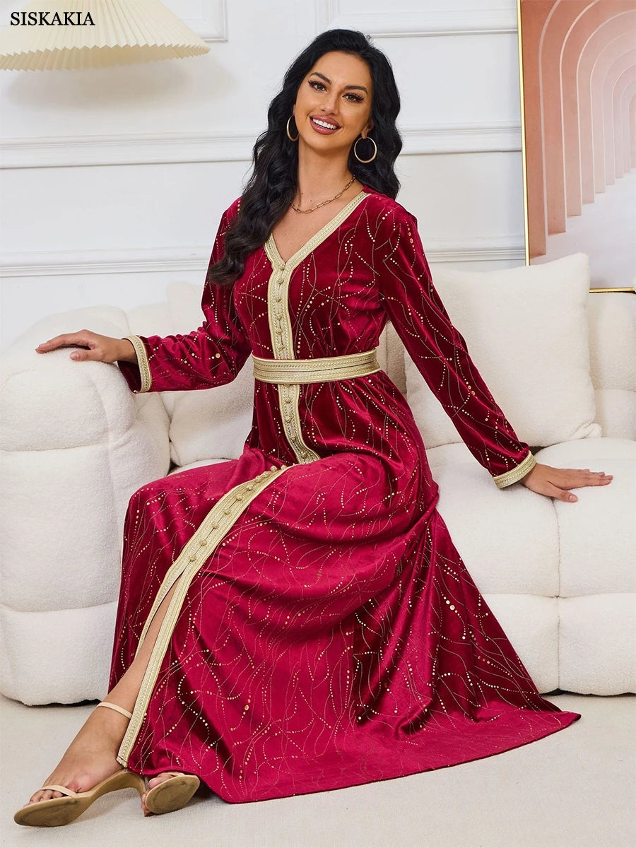Velvet Autumn Winter Gold Stamping Fashion Red Evening Gown Elegant Long Sleeve V-Neck Abaya With Sashes Muslim Women
