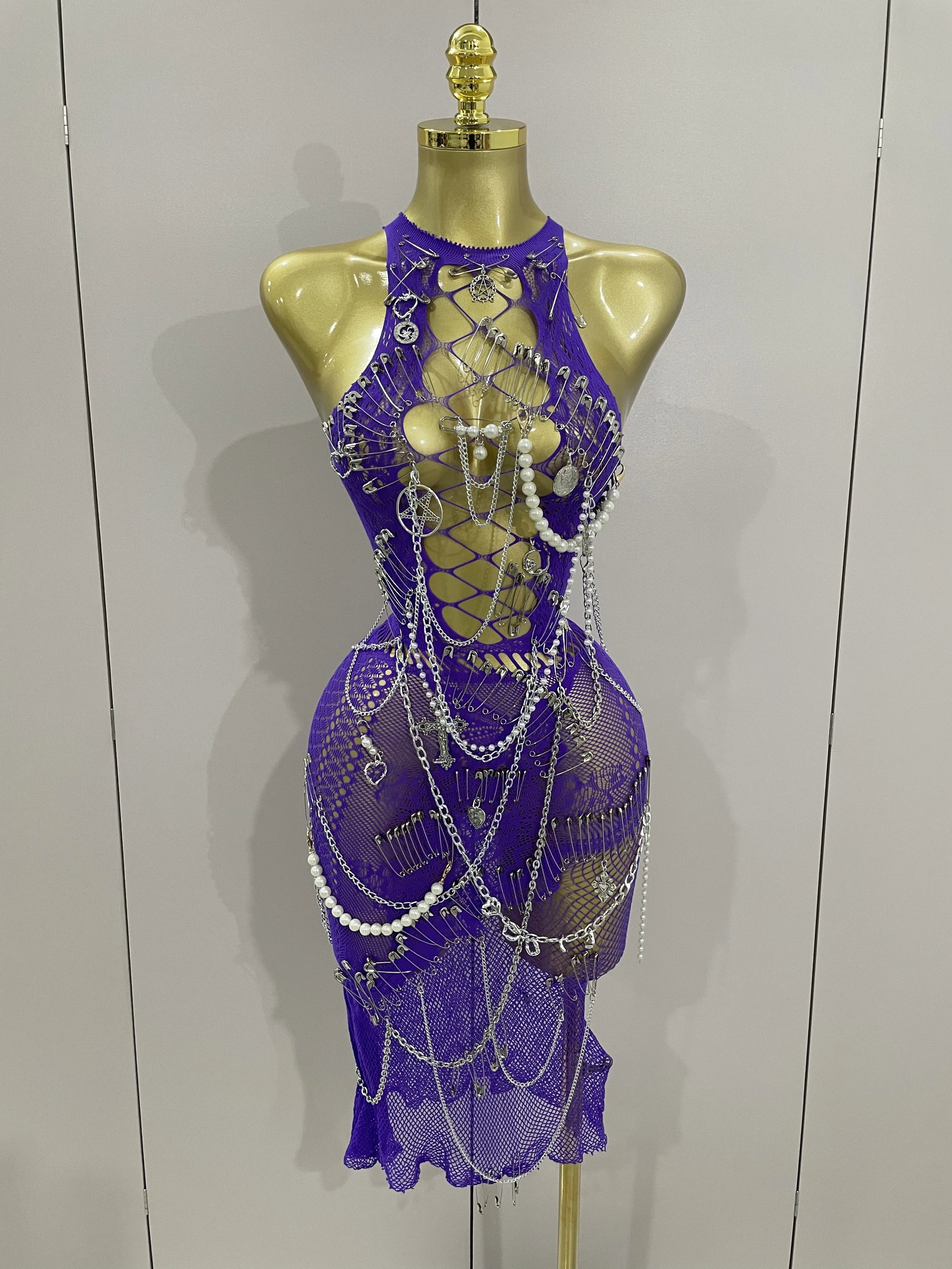 Sexy Black See-Through Pin Decoration Chain Beading Short Dress 2025 Women Birthday Evening Party Nightclub Performance Costume