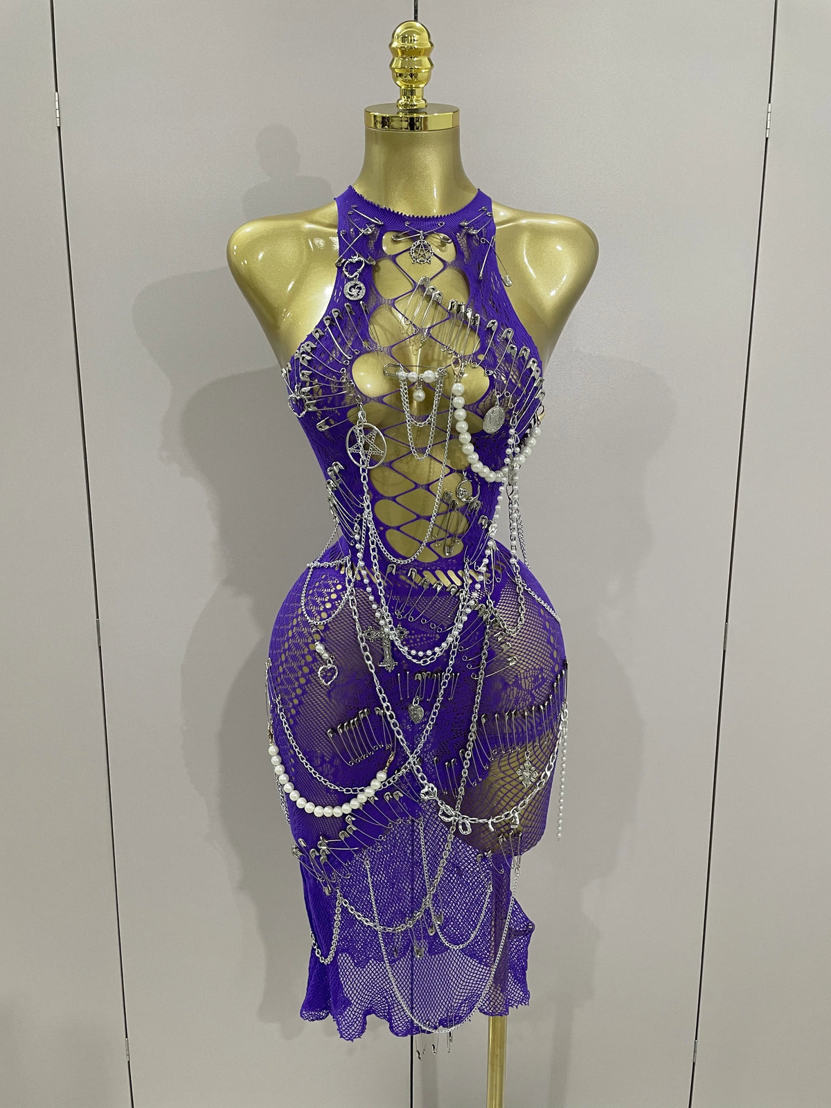 Sexy Black See-Through Pin Decoration Chain Beading Short Dress 2025 Women Birthday Evening Party Nightclub Performance Costume