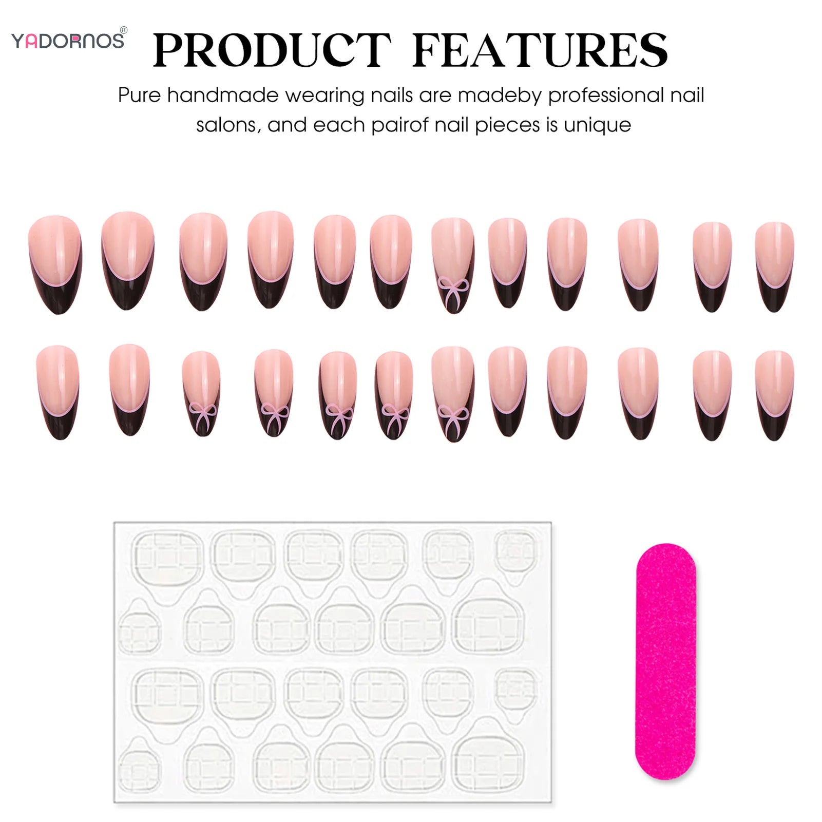 Nude Color False Nails Black French Style Press on Nails Simple Pink Bowknot Pattern Women Girls Charms Fake Nails 24Pcs