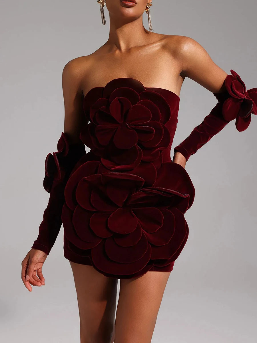 TWOTWINSTYLE Solid Slimming Temperament Mini Dresses for Women Strapless Sleeveless Patchwork 3D Flowers Dress Female Clothing