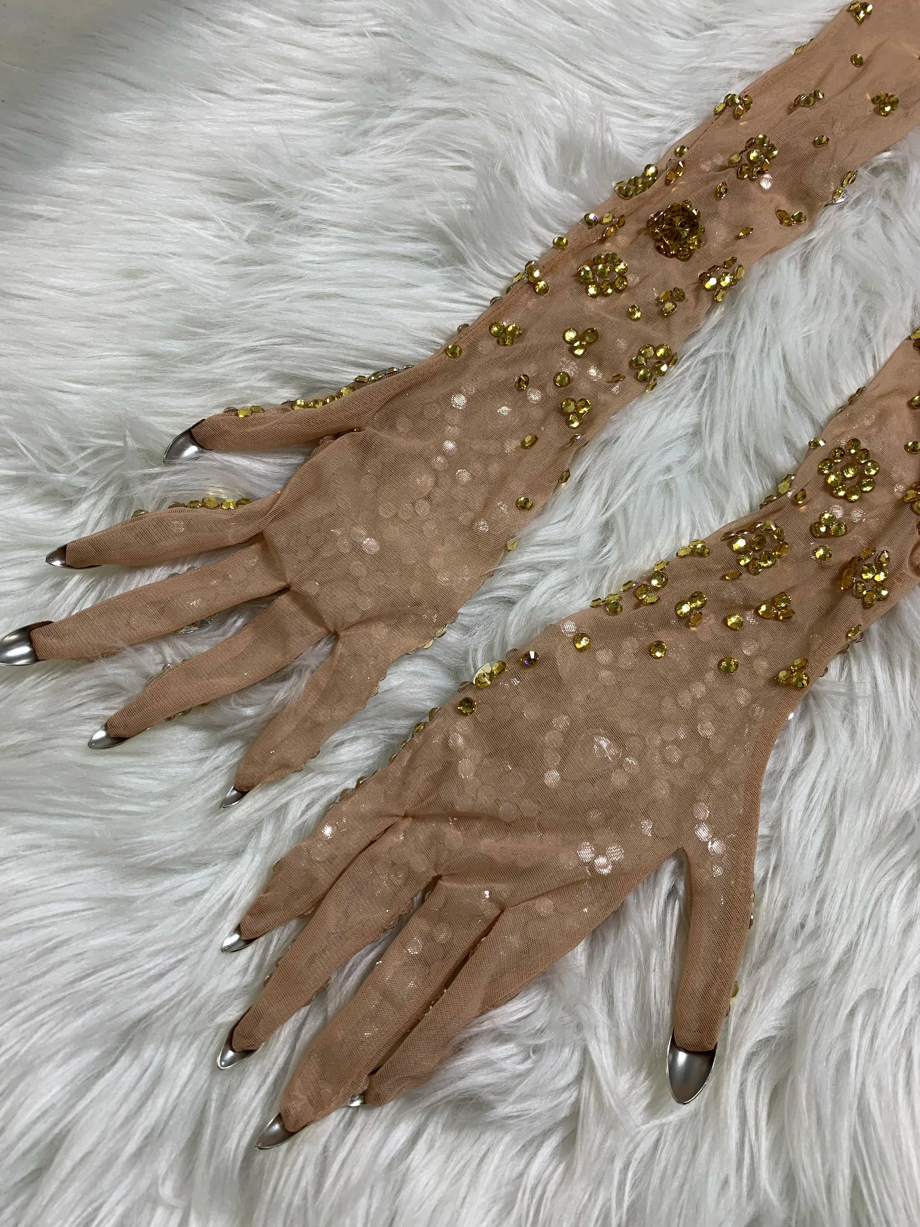Women Sexy Luxury Gold Rhinestones Mesh Long Gloves Dancer Singer Nightclub Stage Party Show Accessories Sparkly Decoration