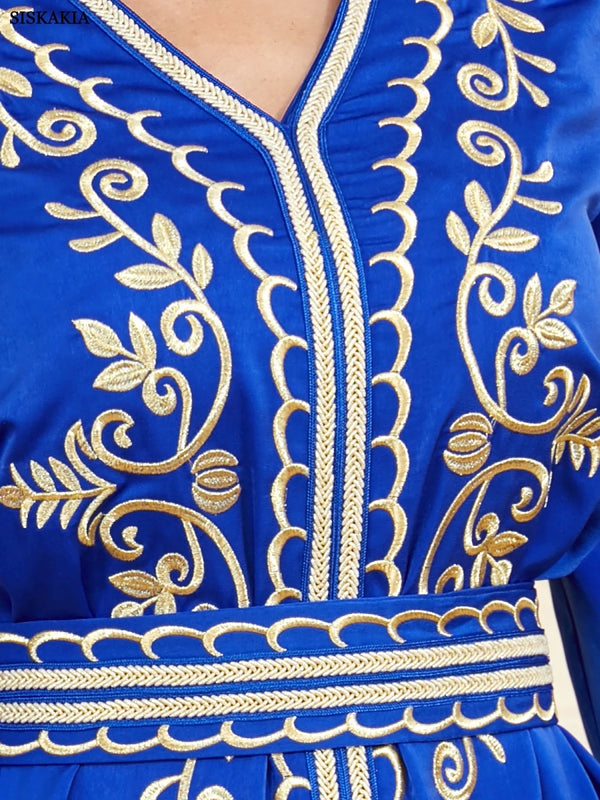 Fashion Ethnic Muslim Woman Abaya 2 Piece Set Moroccan Caftan Solid Embroidery Full Sleeve V-Neck Sashes Turkish Robe