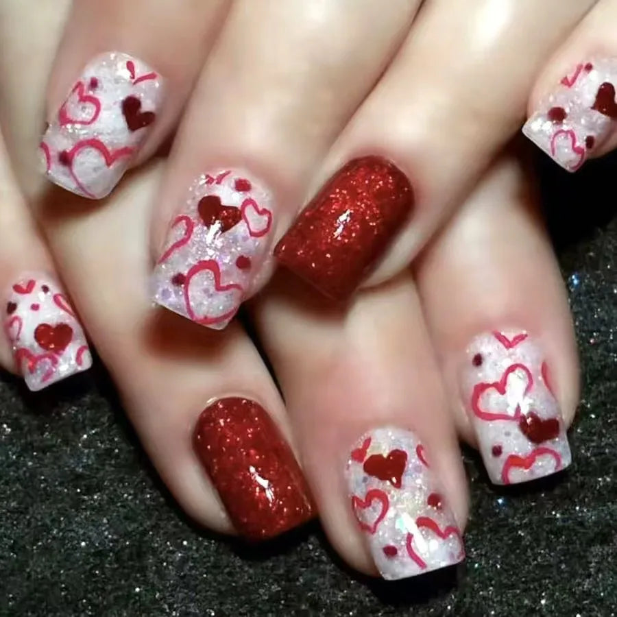 24Pcs Short Glitter False Nails Black Red Sweet Cool Press on Nails Love Valentine Wearing Nail Art Full Cover French Fake Nail