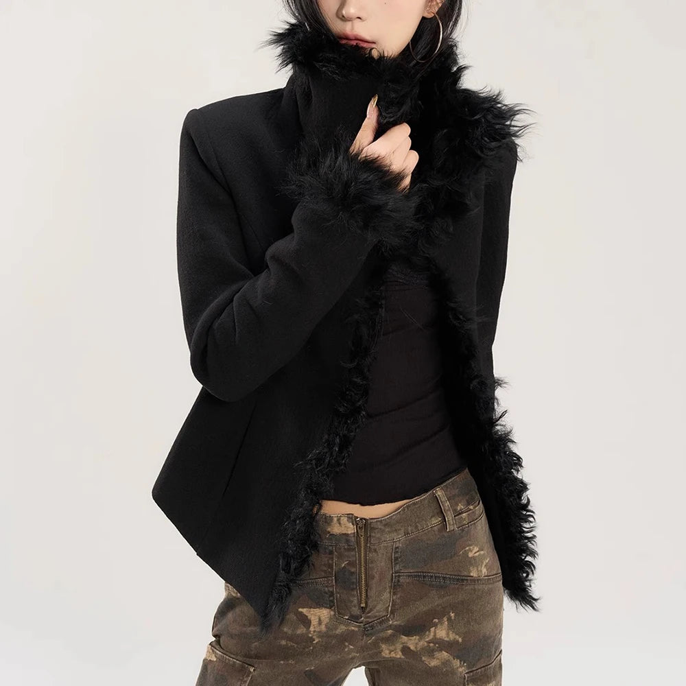 TWOTWINSTYLE Solid Spliced PU Leather Coats For Women Lapel Long Sleeve Patchwork Fur Vintage Thick Coat Female Fashion Clothing