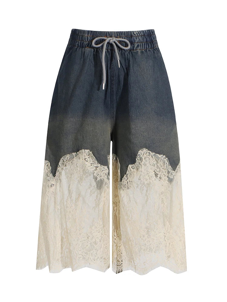 TWOTWINSTYLE Spliced Lace Denim Two Piece Set For Women V Neck Sleevelss Top High Waist Knee Length Pant Streetwear Sets Female