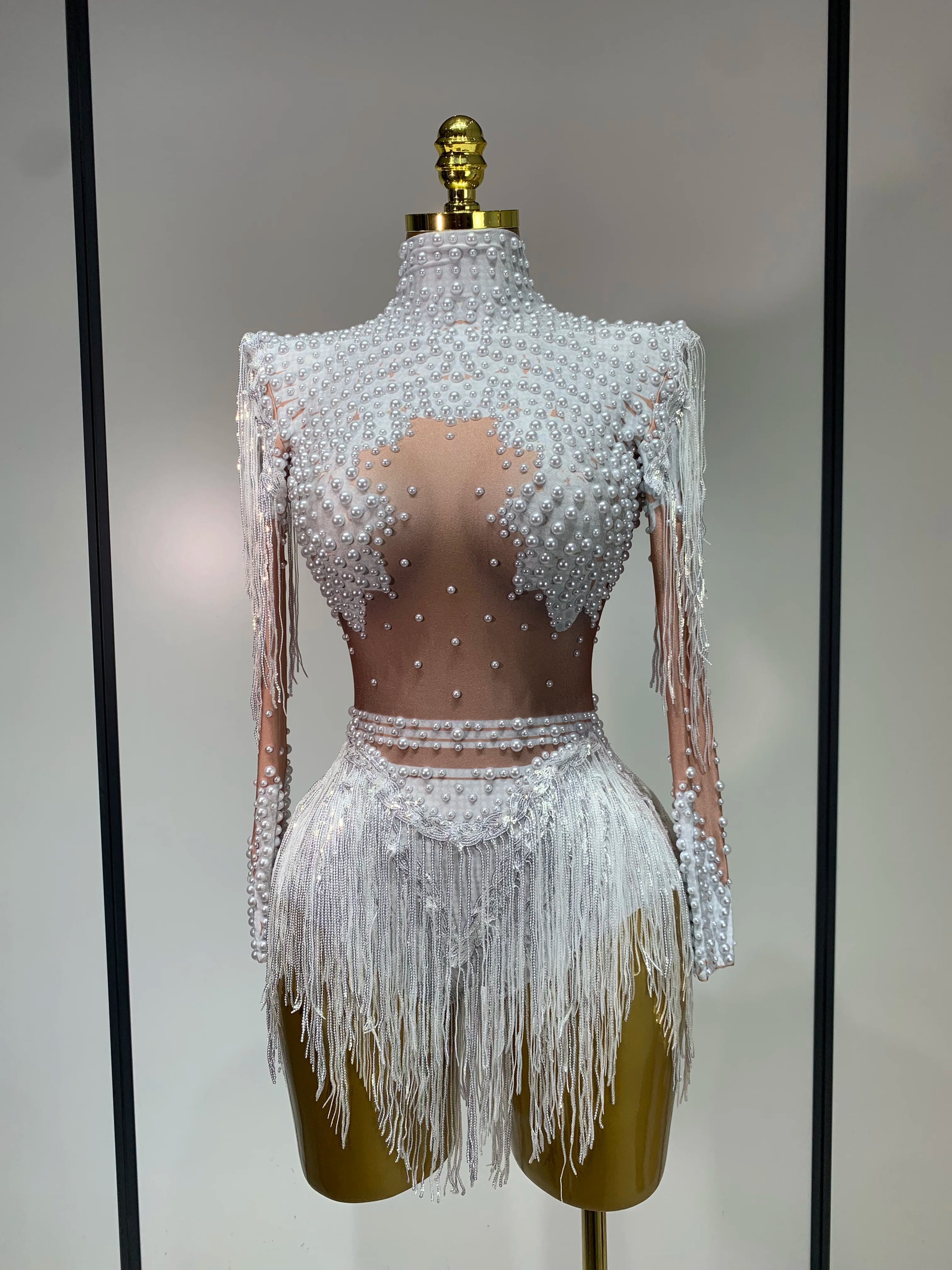 Women Long Sleeve Sexy Shinning Tassels Rhinestone Bodycon Bodysuit High Stretch Bar Dancer Nightclub Stage Wear Birthday Outfit